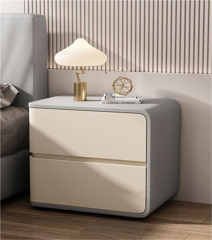Modern with 2 Drawers, Leather Bedside Table, Solid Wood Frame, Curved Profile Design End Living Room Bedroom Storage Cabinet(Grey White-B,15.7x15.7x18.9in)