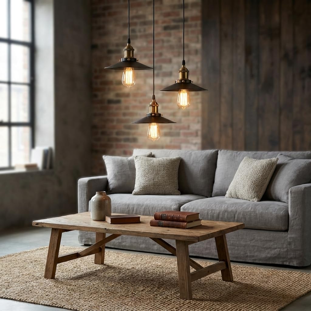 BARCELONA LED CLOCK WORK Potrójna Lampa Wisząca Industrialna Vintage, 3 x Oprawka E27, Czarny Matowy Metal i Złote Oprawki, Regulowana Wysokość, Lampa Sufitowa do Jadalni, Kuchni, Salonu i Baru