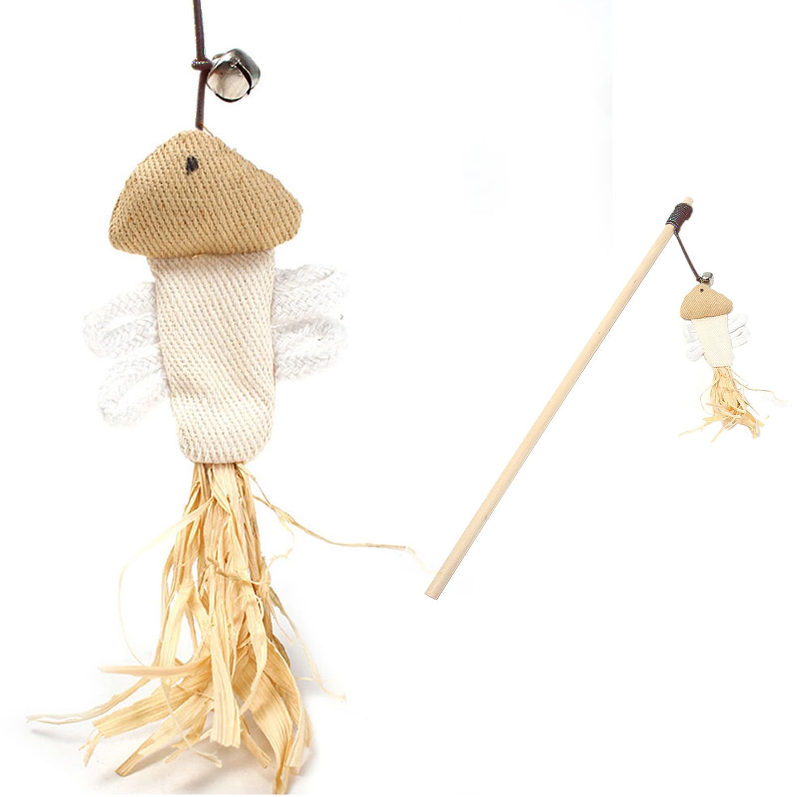CVUTOVO Interactive Cat Teaser Stick with Bell and Wooden Linen Fish Design for Indoor Play and Exercise, Easy-grip to Keep Kitten Healthy and Active Random Color