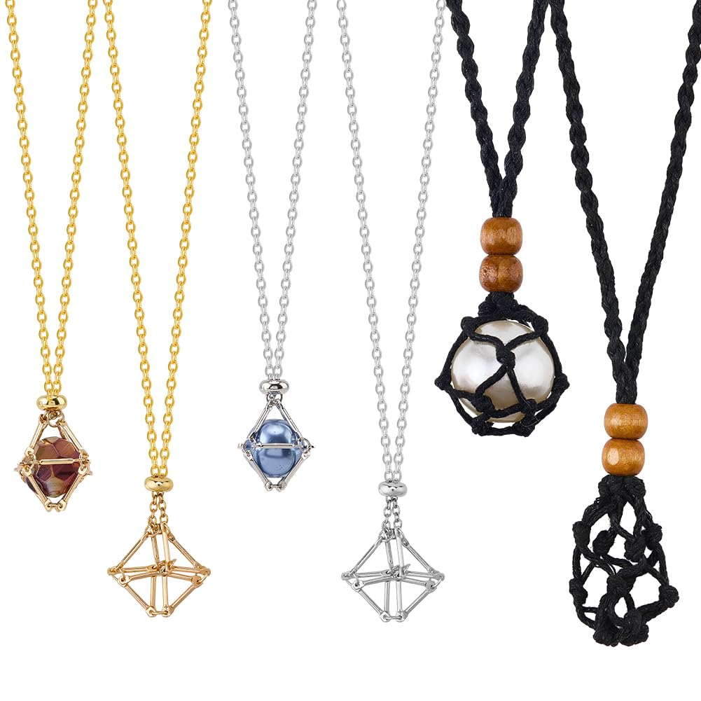 SUNNYCLUE 1 Box 6pcs 3 Styles Stone Necklace Holder Crystal Holder Necklace Cage 304 Stainless Steel Gold Silver Empty Gemstone Pendant Charms Cord Chains for Jewellery Making Women DIY Gifts Supplies