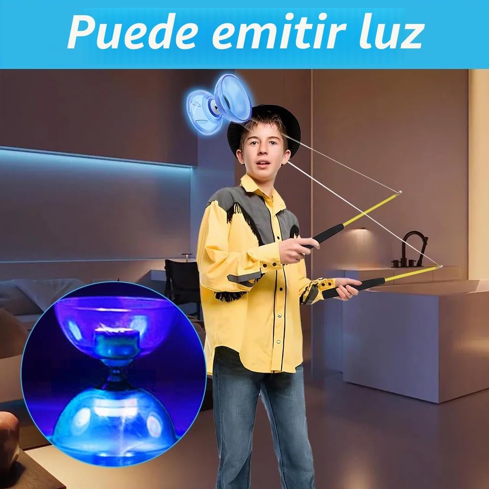 Lotvic Diabolo - Juego de Malabares para Deportes de Ocio con luz, Corredor al Aire Libre con rodamiento de Bolas, Juego de Malabares con Palos de Aluminio y Cuerda de Repuesto (Azul)