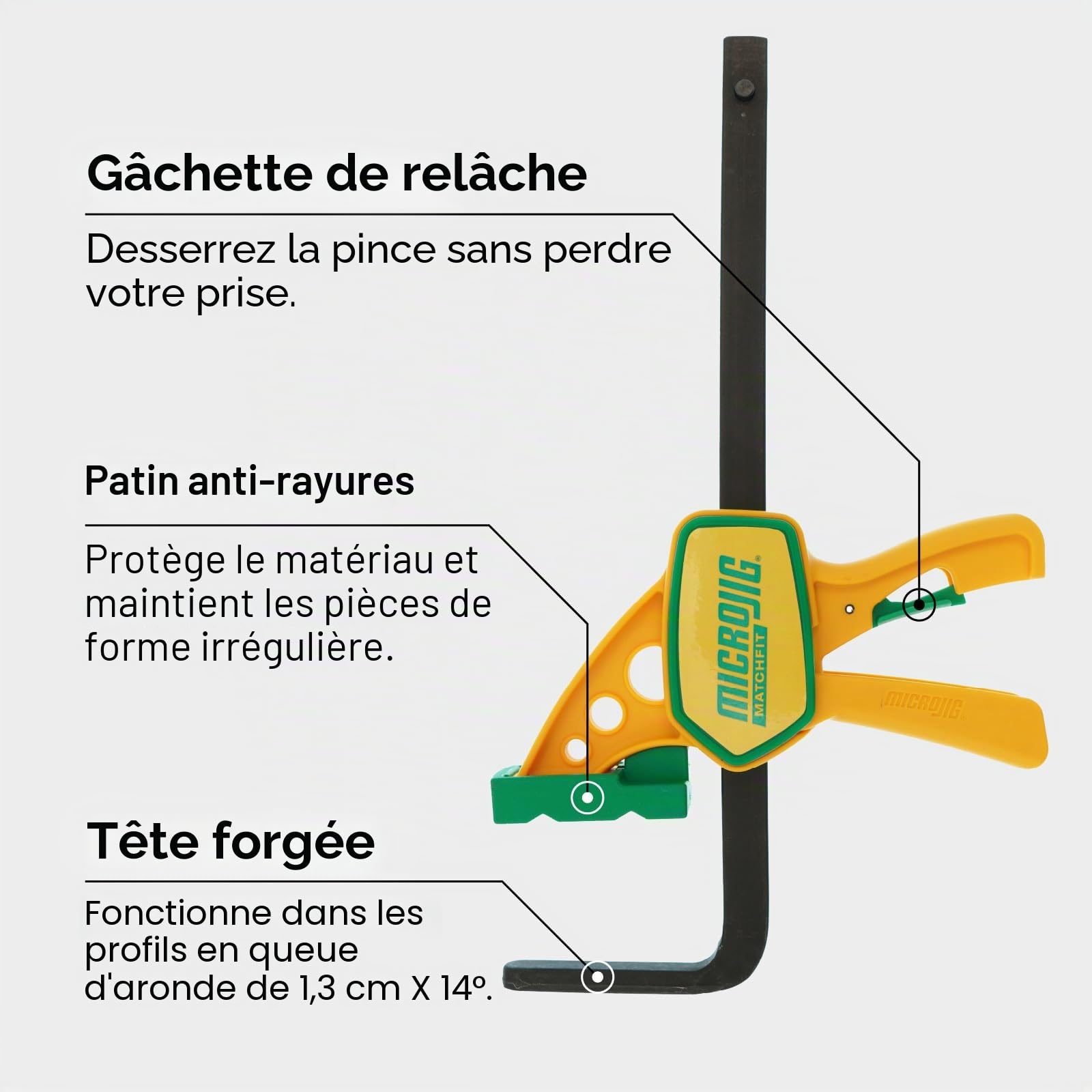 MICROJIG MATCHFIT Grr-rip – Lot de 2 colliers de serrage à queue d'aronde, compatibles avec les rails à queue d'aronde, à action compressible, pour gabarits, luges, établis, DVC-625QCK2, jaune