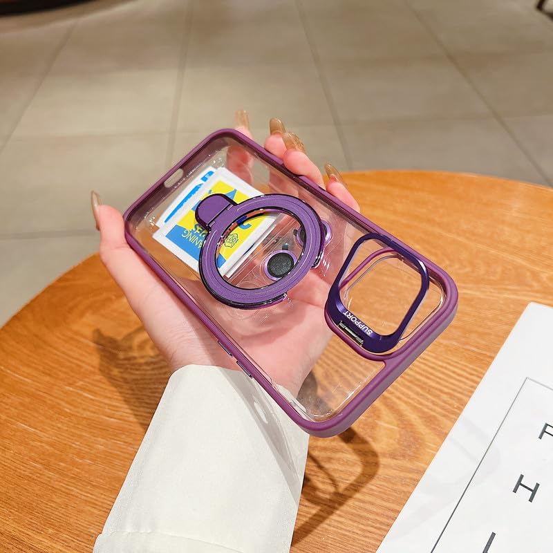 LuxuryKase Magnetic Clear Case for iPhone 14 Plus | Metal Ring Stand | Camera Lens Protector Rings | Shockproof Hard PC Back | Mag-Safe Compatible | TPU Bumper - Purple