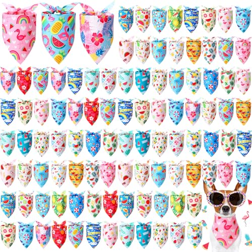 Preboun 100 Pieces Summer Bandanas for Dogs Bulk Hawaiian Dog Bandanas Fruit Kerchief Set for Summer Puppy Small Medium Large Pets Costume Accessories (25.6 x 17.7 x 17.7 Inch)