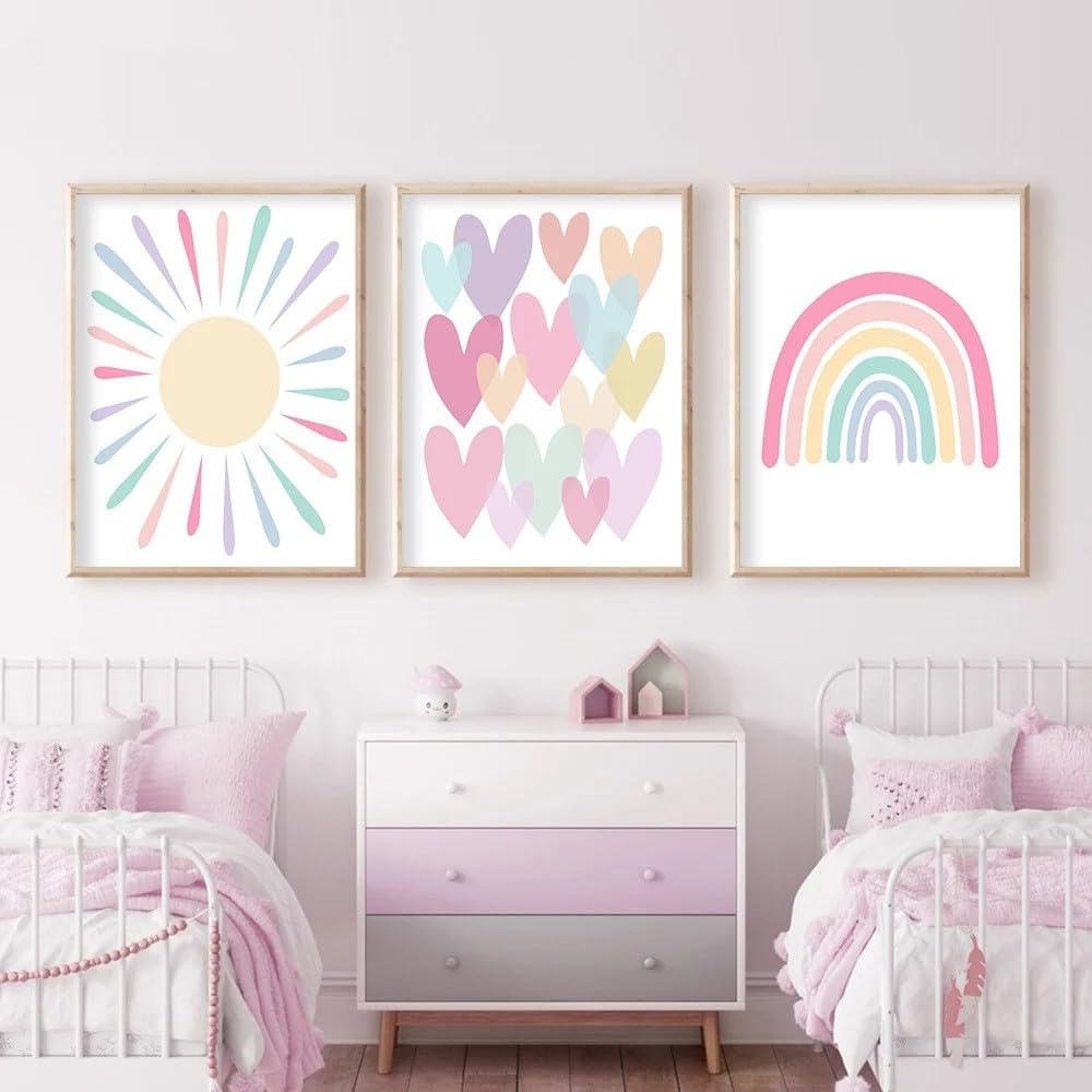 Bilder Kinderzimmer Poster Regenbogen Herzen Boho Wandposter, Bilder Set Junge Mädchen Babyzimmer Kinderbilder, Wandposter Premium, Ohne Rahmen (50x70cm)