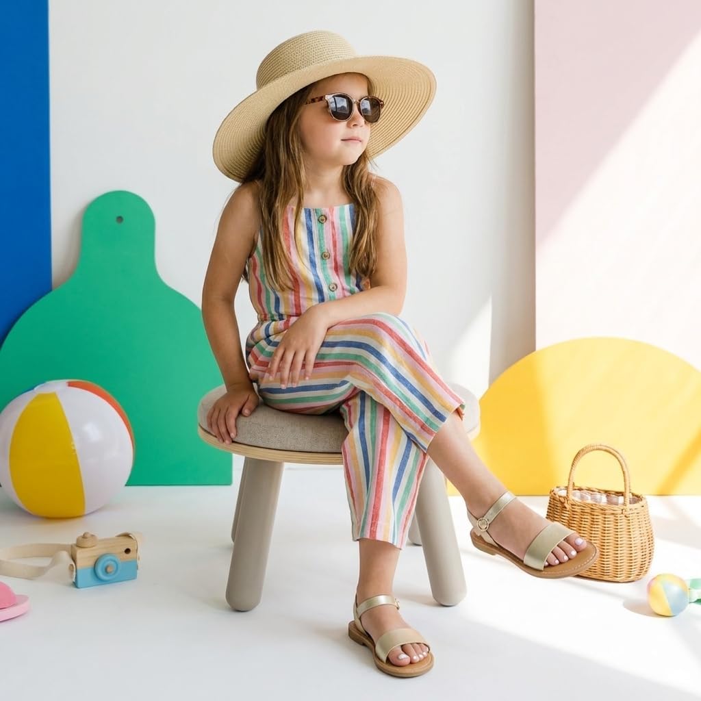CUSHIONAIRE Clara Casual Flat Girls Sandals, Adjustable Buckle Ankle Strap with Lightweight Cushioned Comfort Kids Sandals