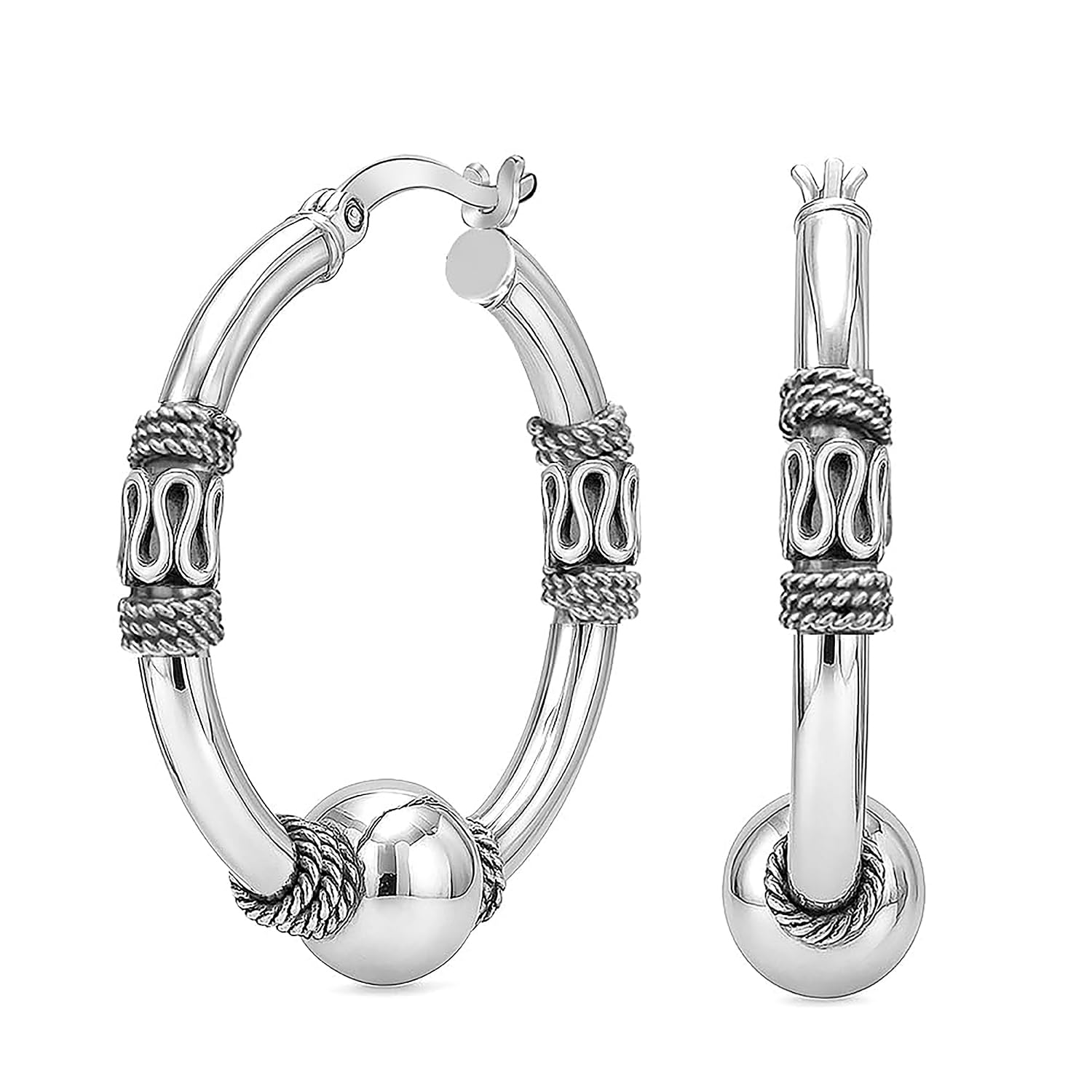 925 Sterling Silver Bali Hoop Earrings for Women | Antique Balinese Beaded Hoop Earrings | Balinese Rope Pattern Click-Top Hoops Earring | Two-Tone Bohemian Tribal Bali Hoop Earrings