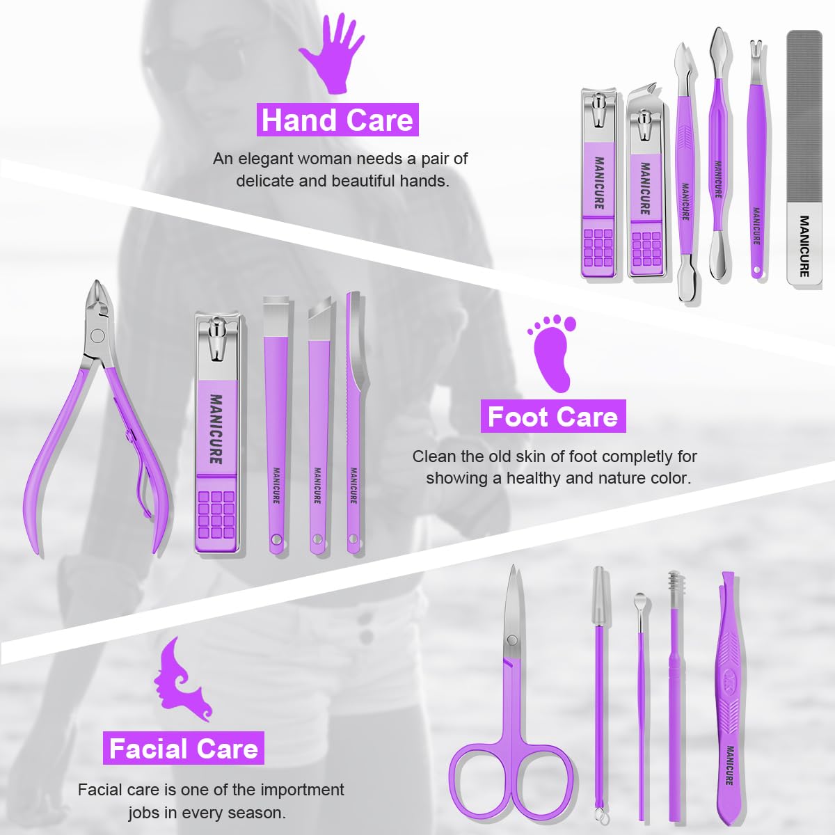 Tagliaunghie Set Professionale - Grooming Kit Strumenti per Manicure e Pedicure 16pcs con Lussuosa Custodia da Viaggio in Pelle (Viola)