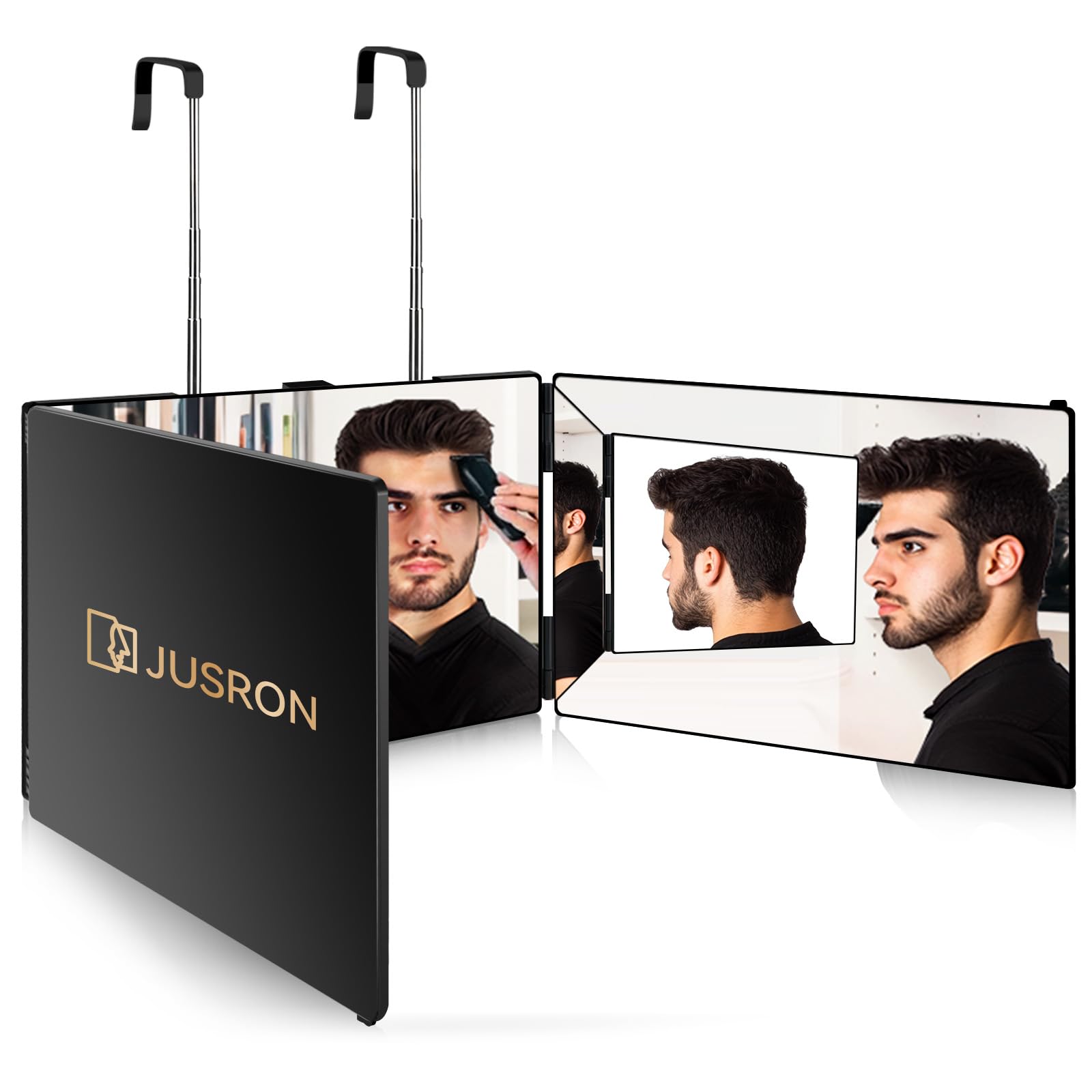 JUSRON Miroir Coiffure 360° 3 Faces Barbier Homme/Femme, Portable et Hauteur Réglable, Pliable pour Maquillage, Rasage (sans LED)