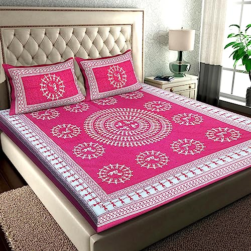 Image of RajasthaniKart Pure 100% Cotton Double Bed Sheet with 2 Pillow Covers (Bedsheet for Double Bed Cton, Pink, 5274)