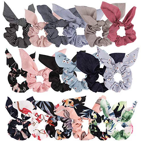 Bow Hair Scrunchies, 18Pack WHAVEL Hair Scarf Chiffon Scrunchies Bowknot Hair Scrunchies Silk Bow Scarf Hair Bands Hair Ties Rabbit Bunny Ear BowKnot Scrunchies Ponytail Holders for Women Girls Hair Accessories