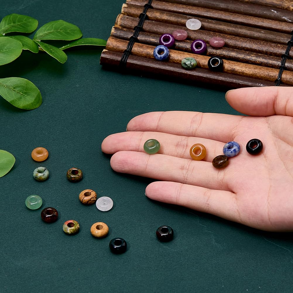 DICOSMETIC 24 cuentas de piedra natural de 12 estilos, grandes agujeros, cuentas de piedra a granel, 10 x 5 mm, ágata india, cuarzo rosa, cuentas redondas europeas para pulsera, collar, fabricación de