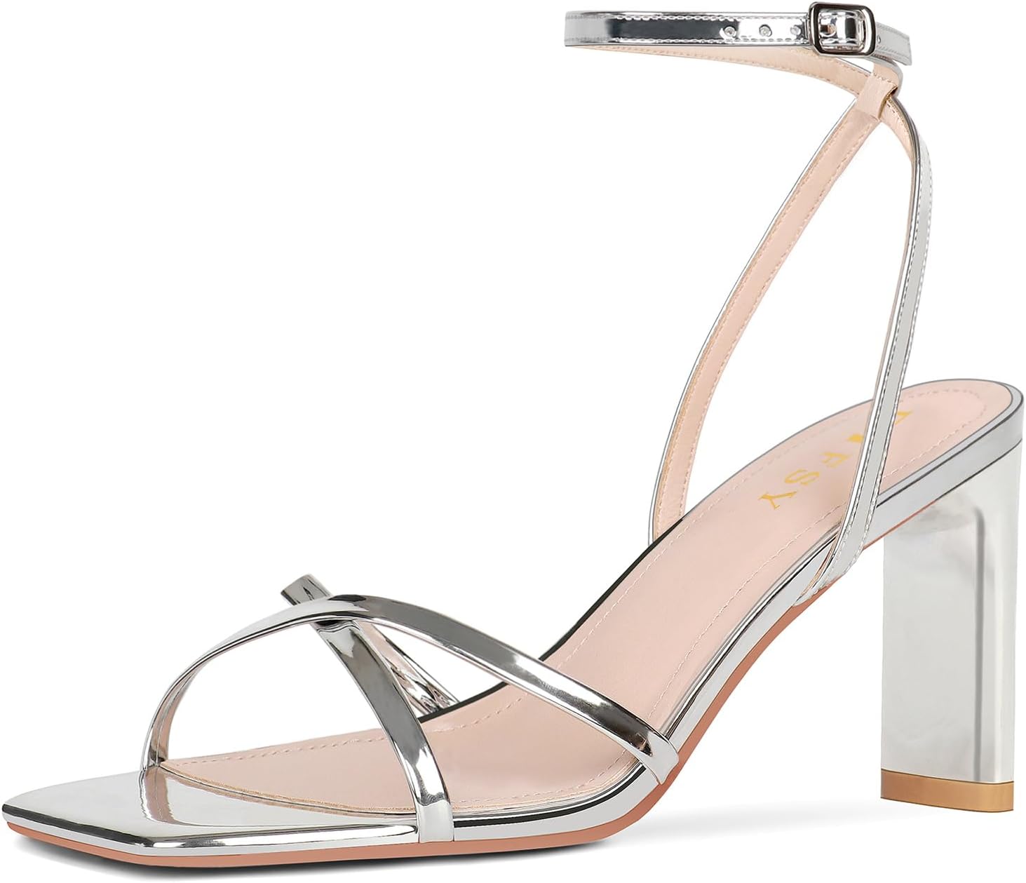 FIFSY Women's Sandals Ankle Strap High Heel Sexy Strappy Sandals Open Toe Heels 3 in Inch Square Toe Heeled Pumps Sandals for Women 6 Silver