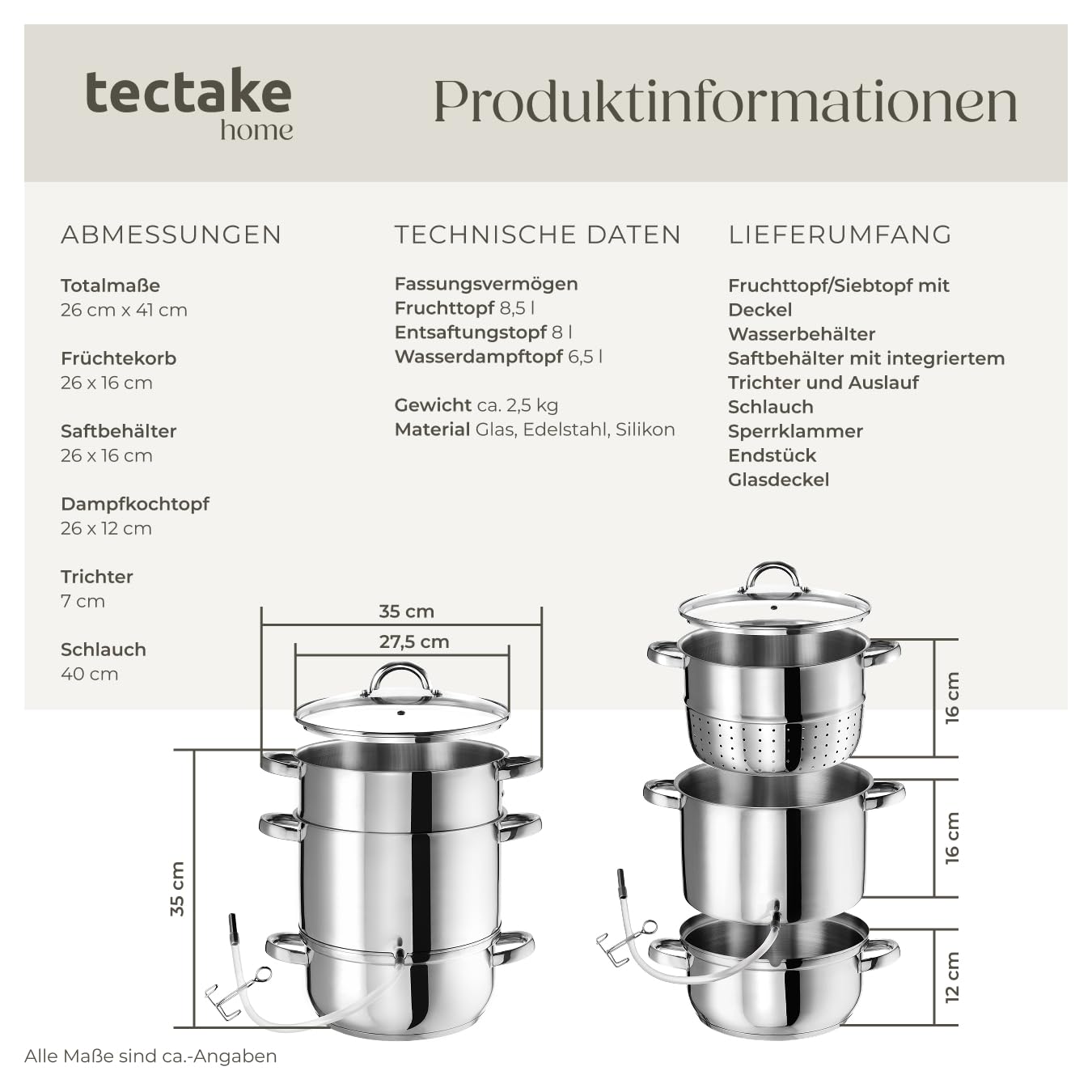 tectake Dampfentsafter 15L Edelstahl, Entsafter, Saftpresse für Obst und Gemüse, induktionsgeeignet, Ø 26cm, Saftmaschine, Juicer Machine mit Glasdeckel und Schlauch, Spülmaschinengeeignet - silber
