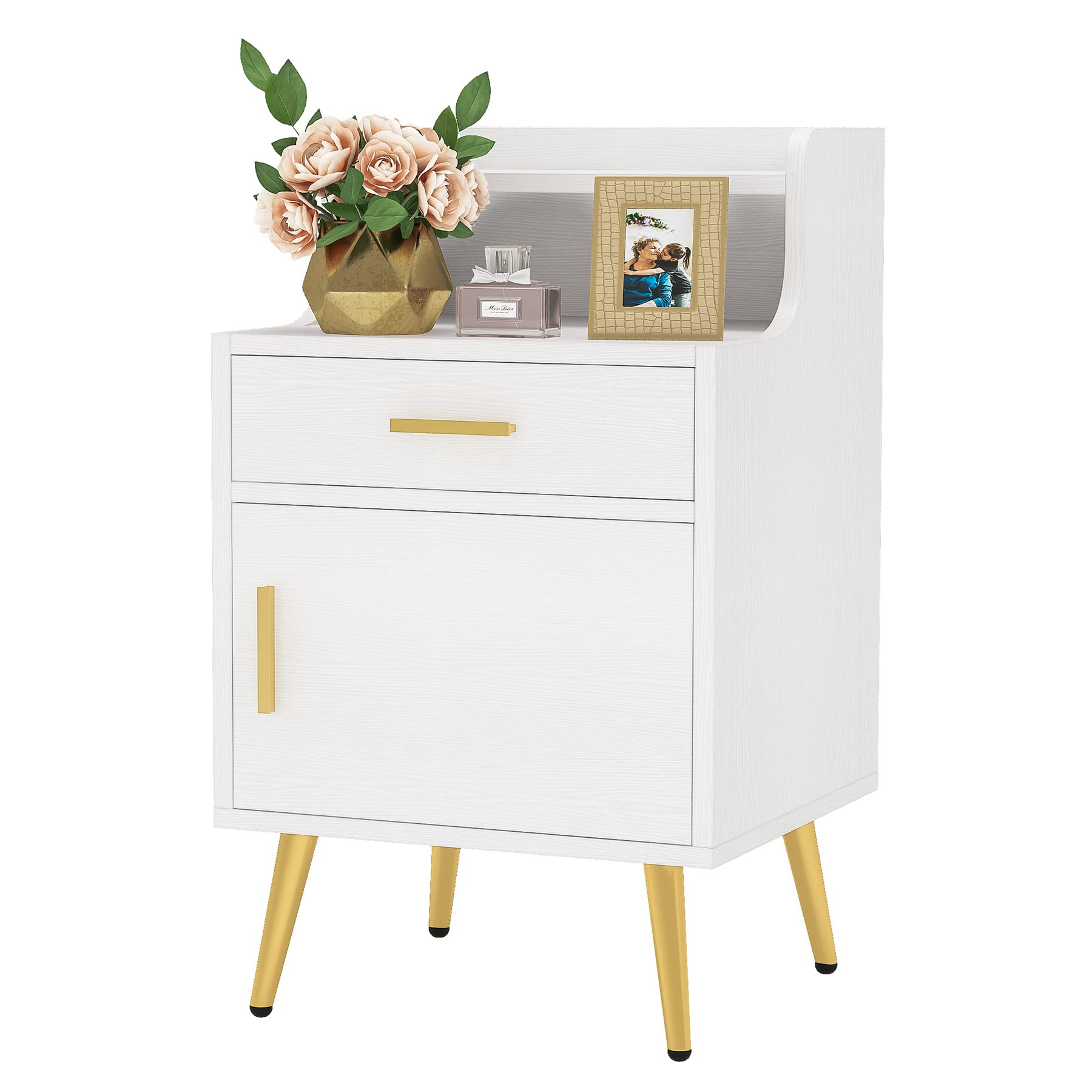 Buy Tribesigns Modern Gold Nightstand, White Nightstand with Drawer, 32