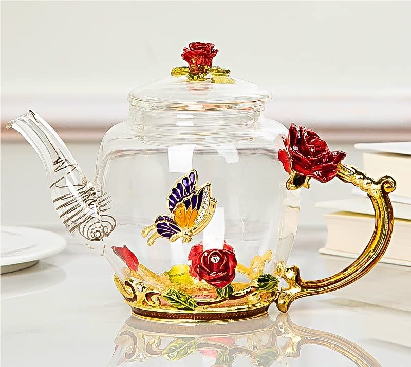 Floatant Glass Teapot- Emalia Blue Rose Flower Butterfly Dekoracja odporna na ciepło szklany czajnik z sitkiem do kwitnącej herbaty, luźna herbata liściowa (Color : Red)
