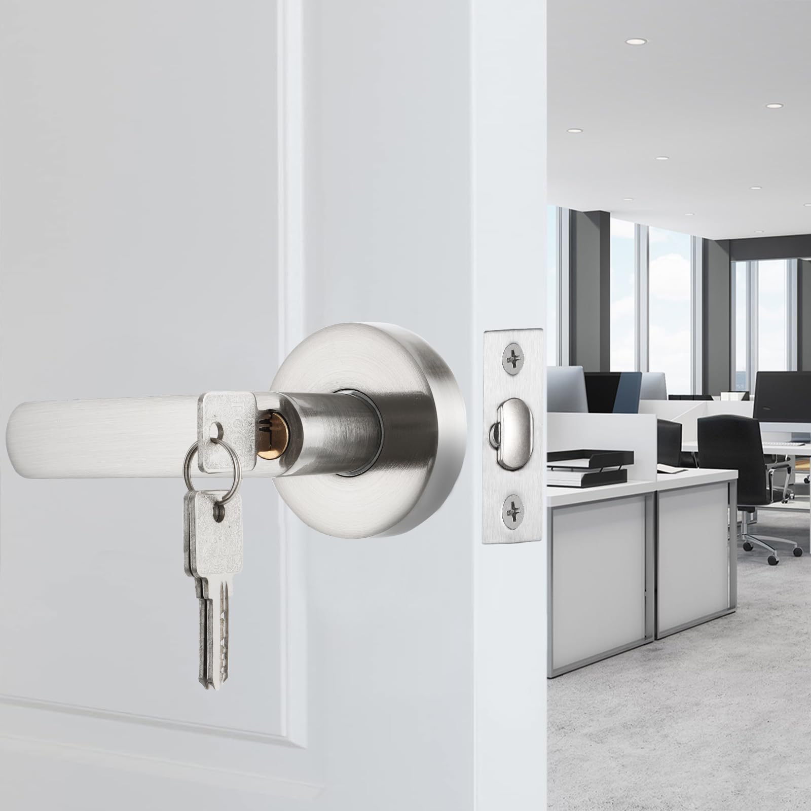 Manija con Cerradura de Llave, Manija de Puerta con Cerradura y Llave, Juego de Manillas de Entrada, Manija para Puertas de Paso, Cerradura de Palanca de Puerta para Dormitorio, Baño (Plata)