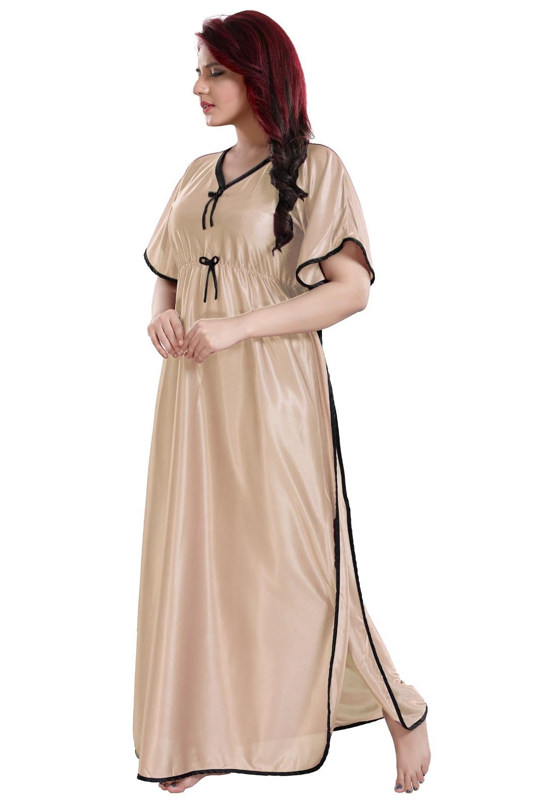 skmodel stylish Women's Kaftan Maxi Dress, Beige with Black Trim, V-Neck, Elastic Waist-picture-21