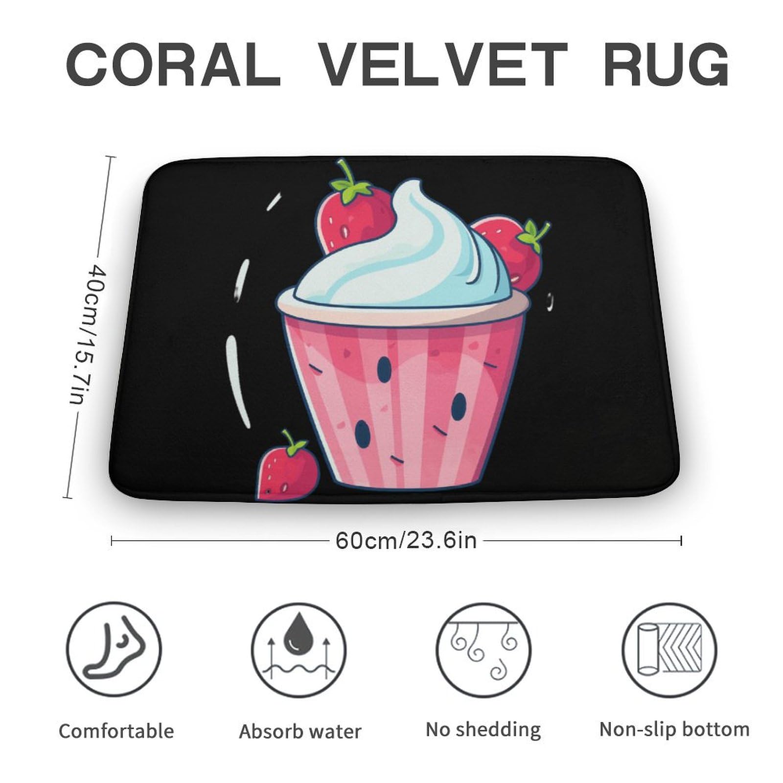 Ice Cream and Strawberry Prints Coral Velvet Rugs Non-Slip Bathroom Rugs Soft Kitchen Rug Floor Carpet for Home Decor 15.7
