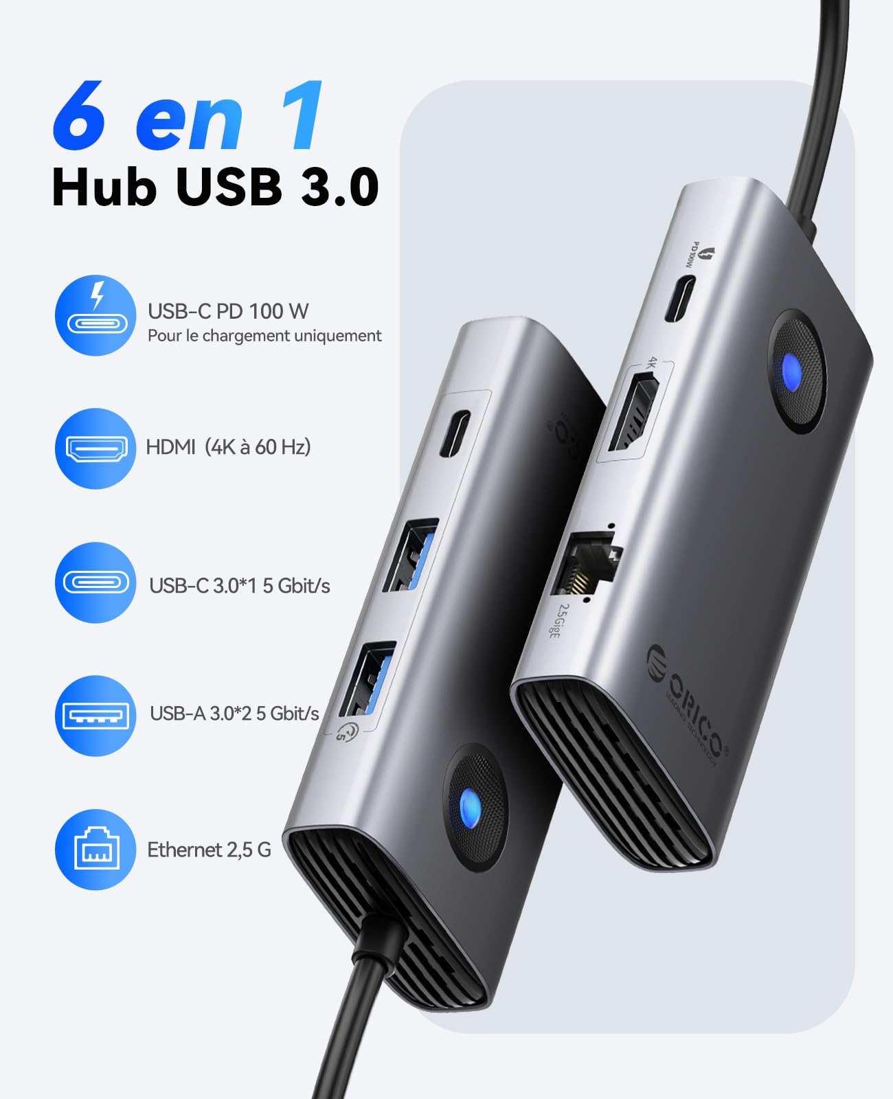 ORICO Station d'accueil, 6 en 1 Hub USB C avec Ethernet 2,5 G, HDMI 4K@60Hz, PD 100 W, 3 Ports USB 5Gbps, Adaptateur USB C vers USB 3.0 Compatible avec MacBook Pro Air XPS HP