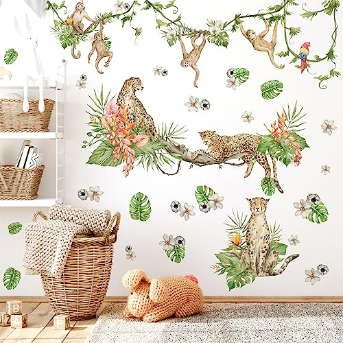 Safari Animals Wall Stickers Nursery Wall Decals Jungle Animals Wall Stickers Baby Boys Girls Room Decals Wall Decor Removeable Tiger Monkey Wall Art Decals for Kids Bedroom Living Room Playroom Decor
