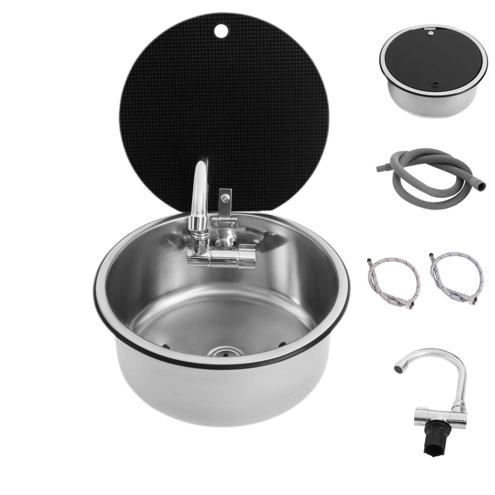 Wohnmobil Spüle Camping Set mit Klappbarem Wasserhahn, Edelstahl Spülbecken 34cm & Abdeckung aus Gehärtetem Glas, Komplettset für Camper, Wohnwagen und Yachten, Inkl. Zulauf und Ablauf