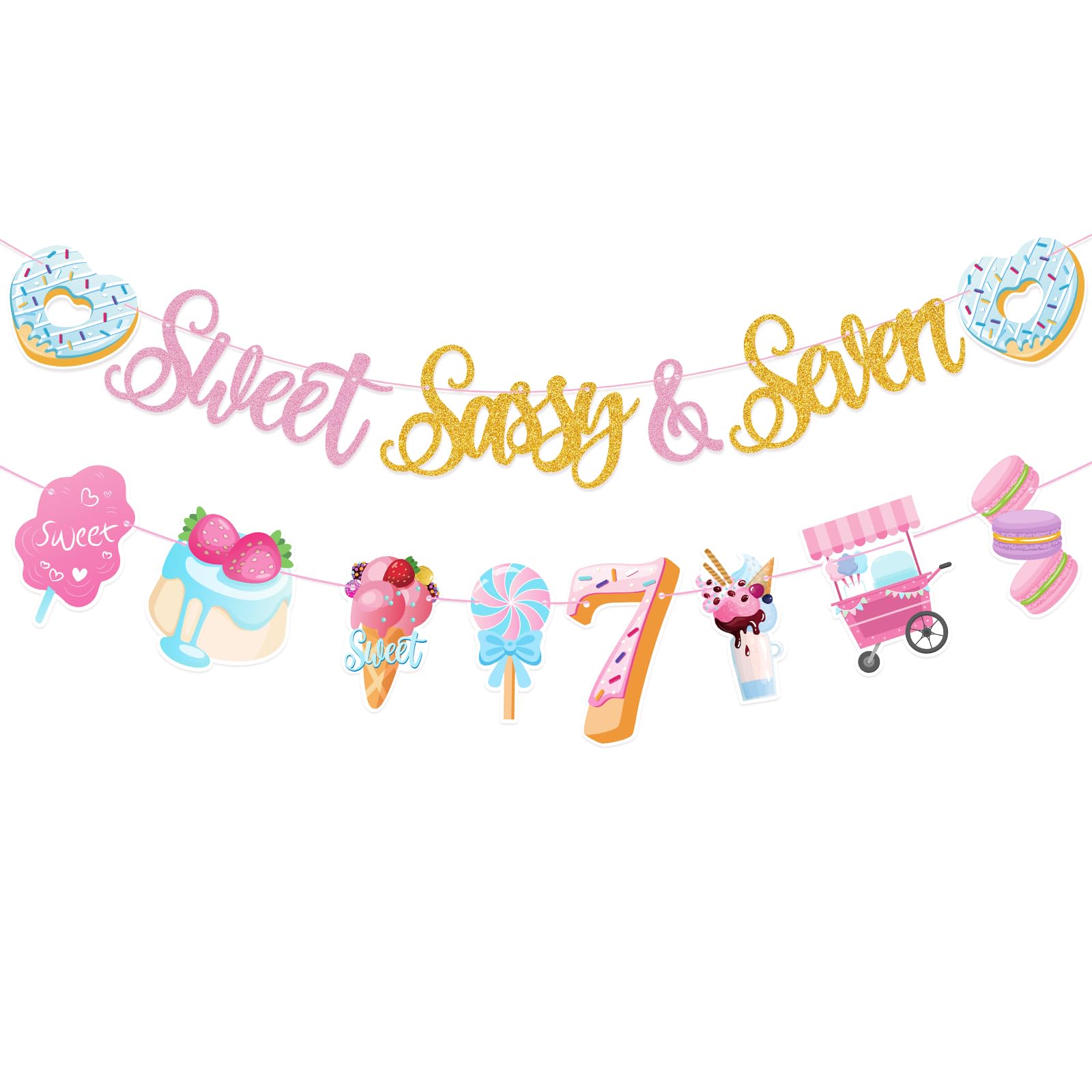 QAMEGX Sweet Sassy And Seven Birthday Banner- Sweet 7th Happy Birthday Banner for Girls, with Donut, Ice Cream, Macaron, Pink Theme Sign, Ice Cream 7