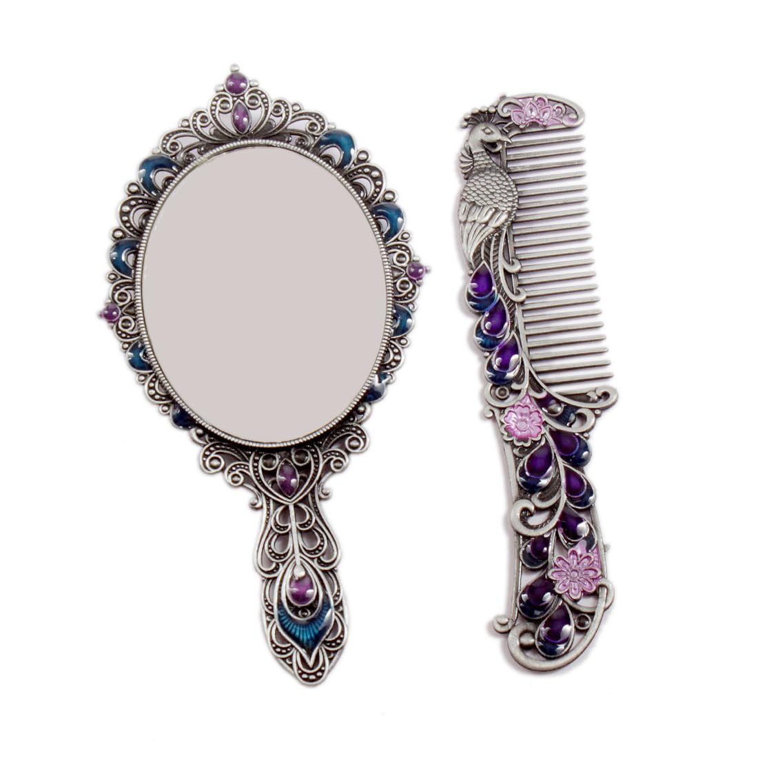 Jinagam Vintage Peacock Mirror & Comb Set | Handcrafted Antique Metal Vanity Combo | Perfect Diwali Gift for Women & Girls | Compact Travel Makeup Mirror (Hand Mirror and Comb Set)-image-31