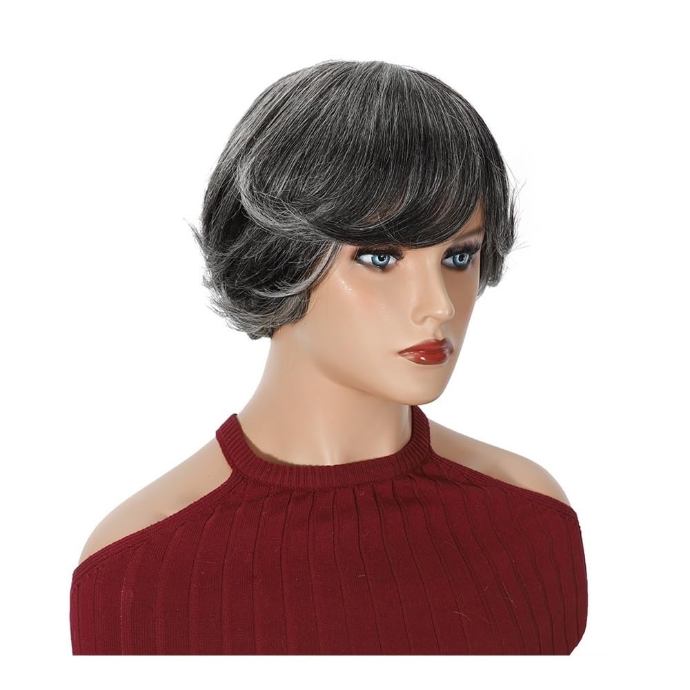 xiuling4568 Grey Glueless Wigs for Black Women Salt and Pepper Human Hair Wig with Bangs Layered None Lace 8" Hairs Extensions