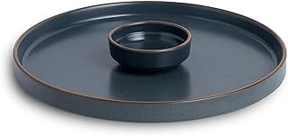 Large Round Ceramic Serving Platter, Grey- 1 Platter, 1 Dip | Shay Modern Series | Matte Finish | Serving Set | Ceramic (Japandi Platter - Grey)