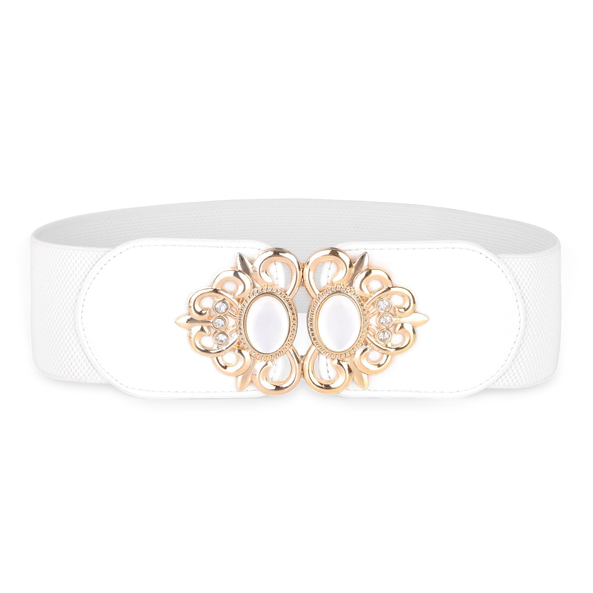 BlackButterfly Stretchy Vintage Wide Waspie Elastic Pearl Buckle Waist Belt (White, XXL)