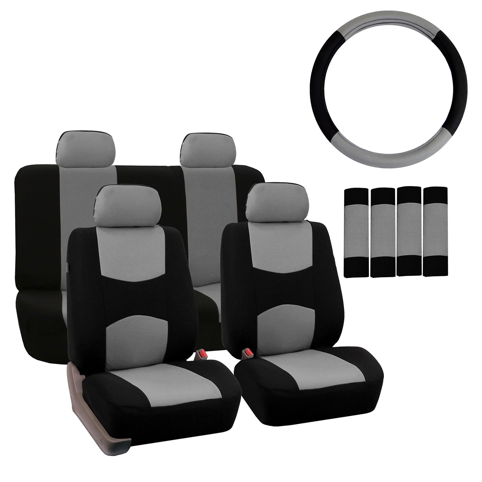 FH Group Flat Cloth Seat Covers Front Seat and Solid Rear Bench Full Set with Gift - Universal Fit for Cars, Trucks & SUVs (Gray/Black)