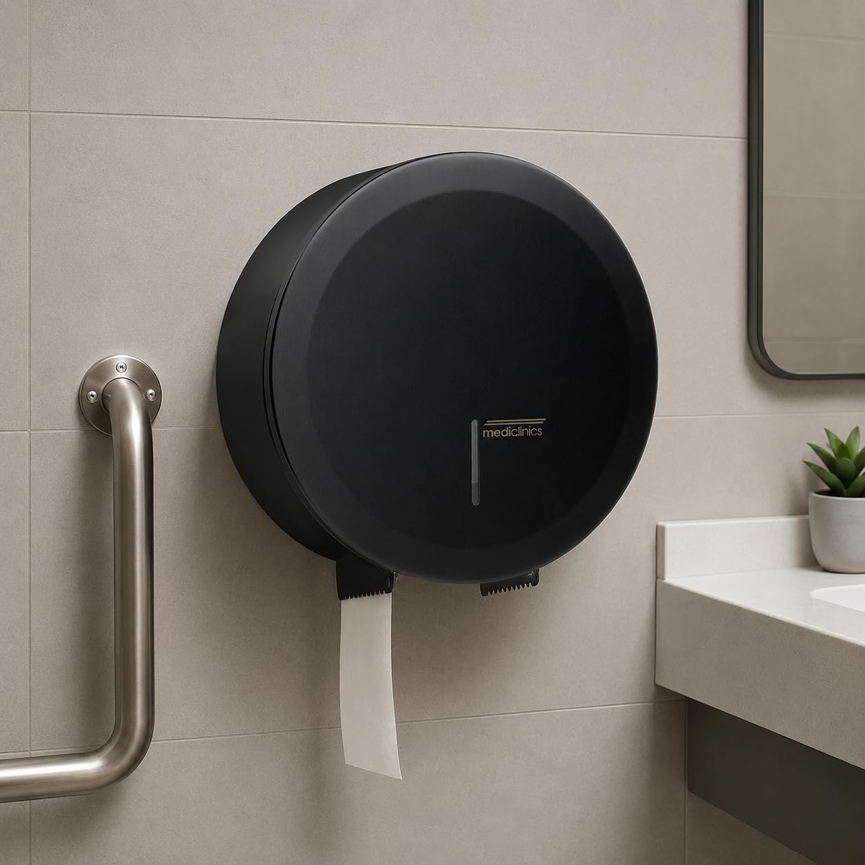 Mediclinics Dispensador de Papel Higiénico Industrial de Gran Capacidad | Portarrollos para Baños Públicos, Hoteles y Hospitales | Compatible con Bobina Ø275 mm o 3 Rollos | PR2787 (Negro)