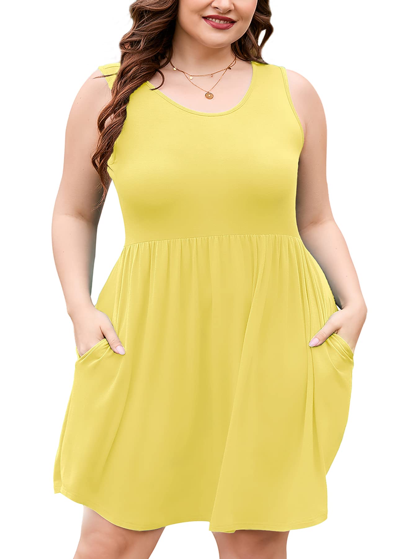 AusLook Plus Size Summer Dress for Women Casual Sleeveless Crewneck Pleated Party Midi Dresses with Pockets - A08-Yellow 2X