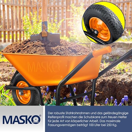 MASKOยฎ Kruiwagen, bouwkruiwagen, tuinkruiwagen, 100 liter tot 250 kg, luchtbanden met stalen velg, verzinkt stalen frame, tuinkar, schuifwagen, transportwagen - Afbeelding 5