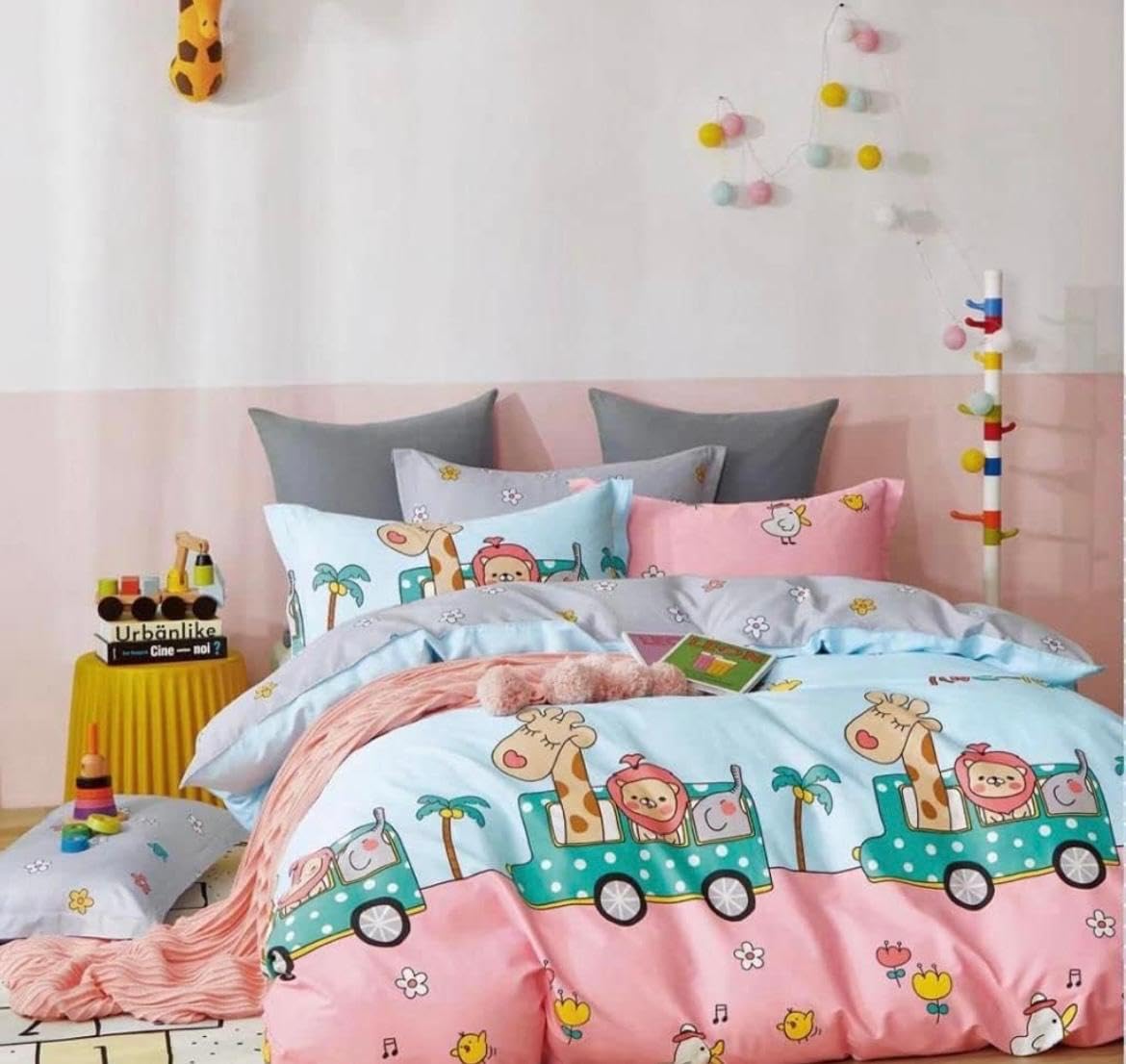 Super Soft Glace Cotton King Size Kids AC Comforter II Blanket II Duvet for Double Bed with 1 Flat Bedsheet and 2 Pillow Cover, 4 Pc Set-Pink/Blue (Bus)-image-49
