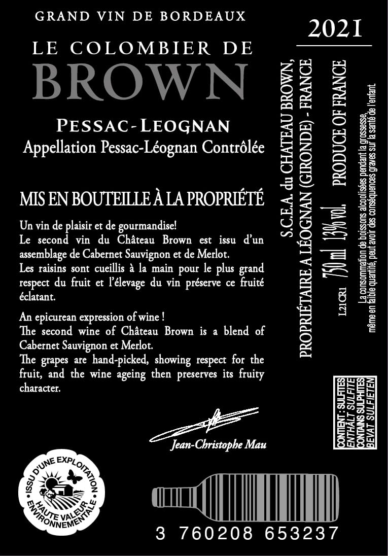 Colombier de Brown - AOP Pessac-Léognan - Vin Rouge - Millésime 2021-1 bouteille x 75cl