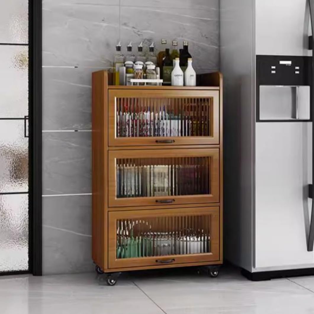 YVYKFZD Rolling Spice Rack, Slim Storage Cart, Mobile Kitchen Utility Cart with Wheels and Tempered Glass Doors, Narrow Standing Shelf, Space Saving Bathroom Organizer(Walnut,4 Tier 15.7"x15.7"x50.5")