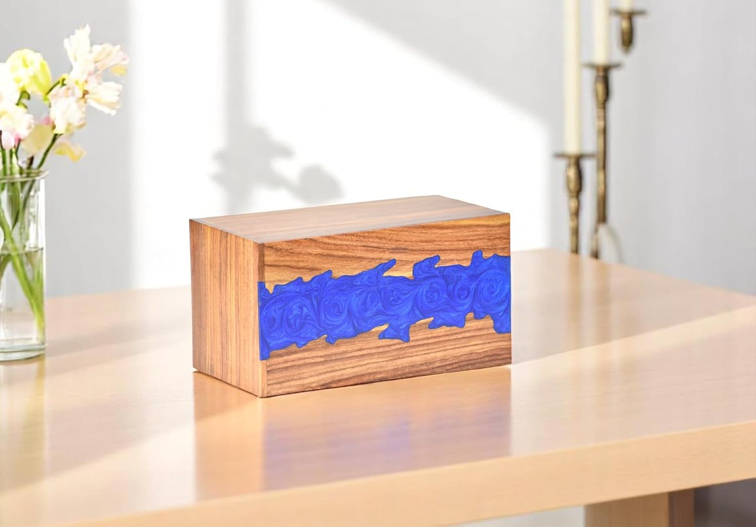 Personalization Wooden Cremation Urns for Human Ashes | Wooden Handcrafted Memorial Urn with Epoxy Resin | Personalized Burial Urns for Ashes for Women & Men (Brown + Blue, Large, with Text)