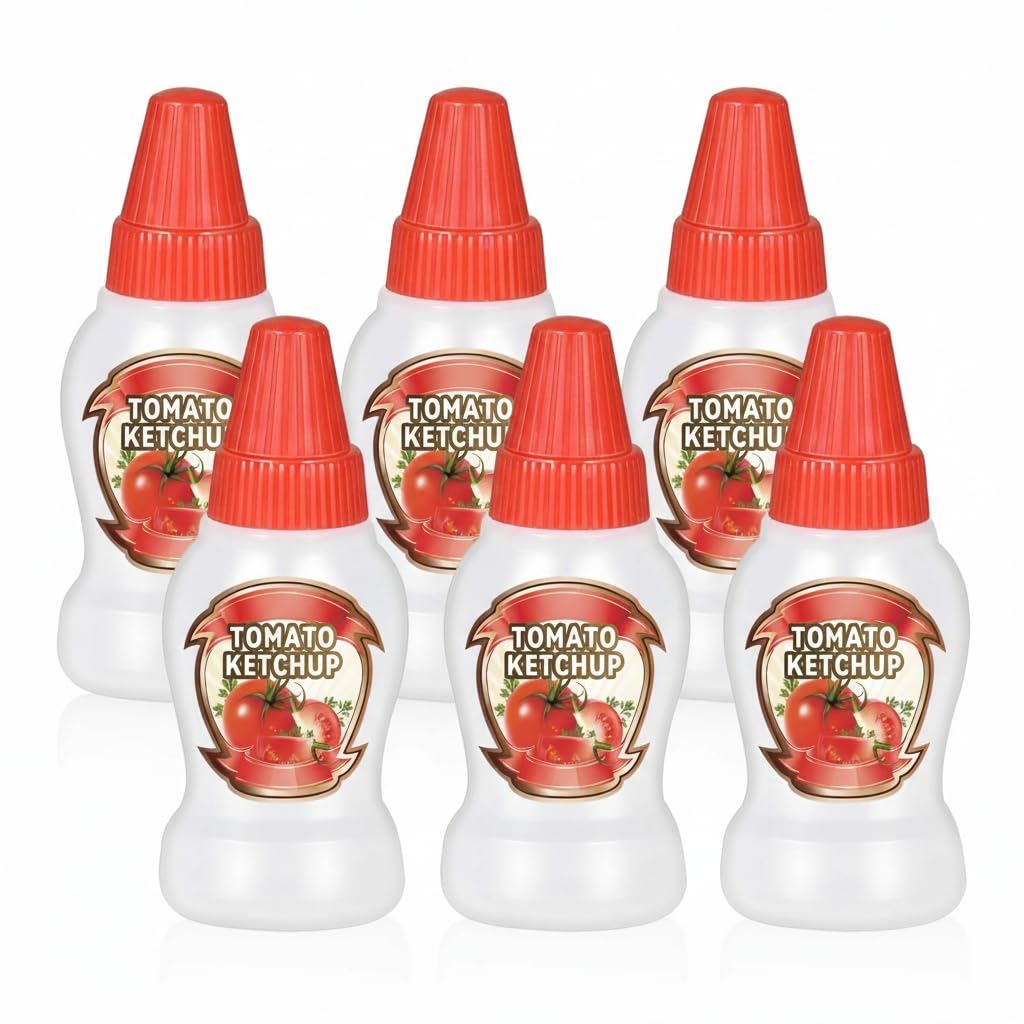 KASTWAVE 6-Pack 40ml Mini Squeeze Bottles, Clear with Red Caps, Ideal for Condiment, Paint, Craft, Picnic, Camping, Outdoor Grilling