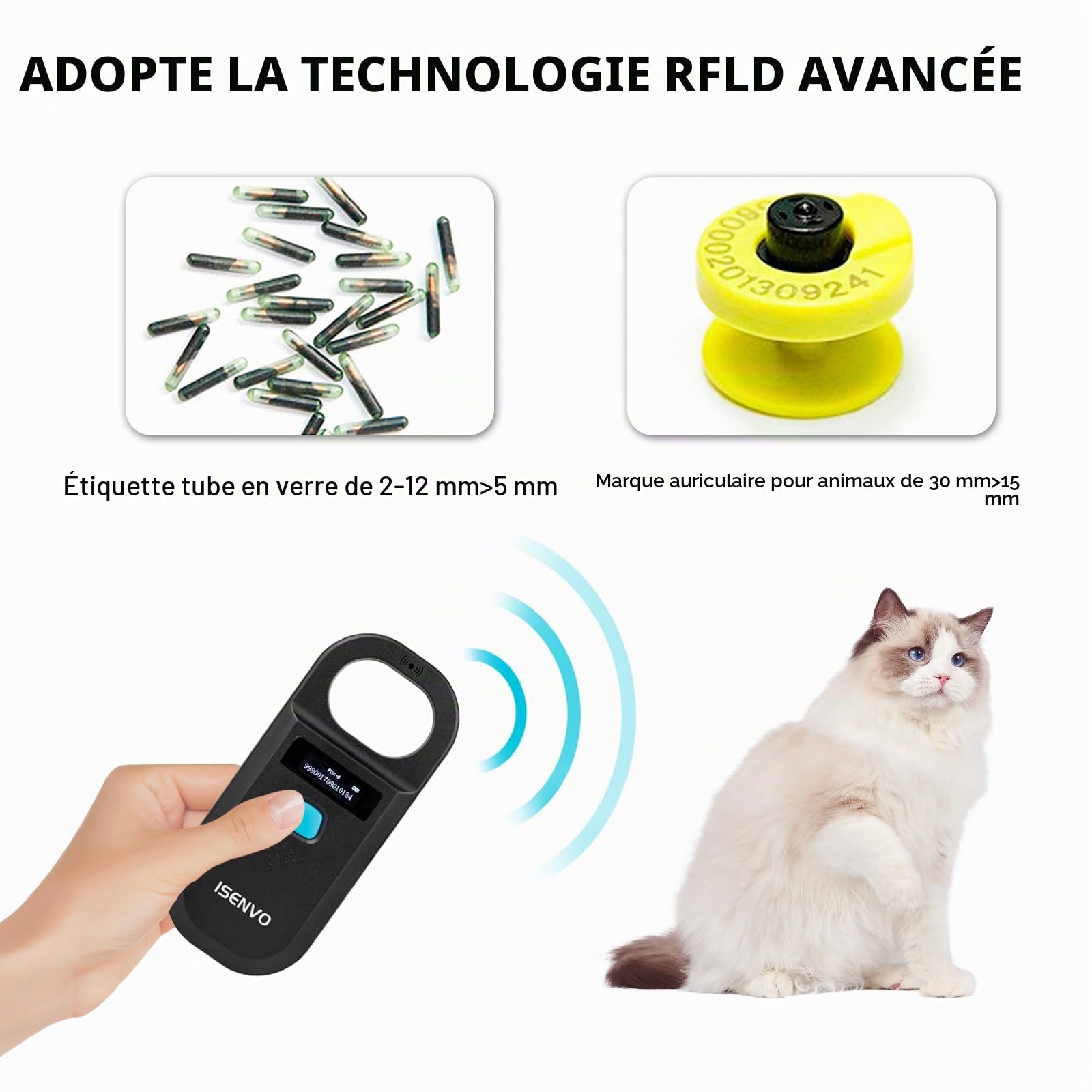 Lecteur de Puces pour Animaux Rechargeable RFID EMID pour Animaux Domestiques 134,2 kHz 125 kHz 15 Chiffres pour Animaux de Compagnie/Animaux de Compagnie/Cochons/Chiens/Chats (190 A)