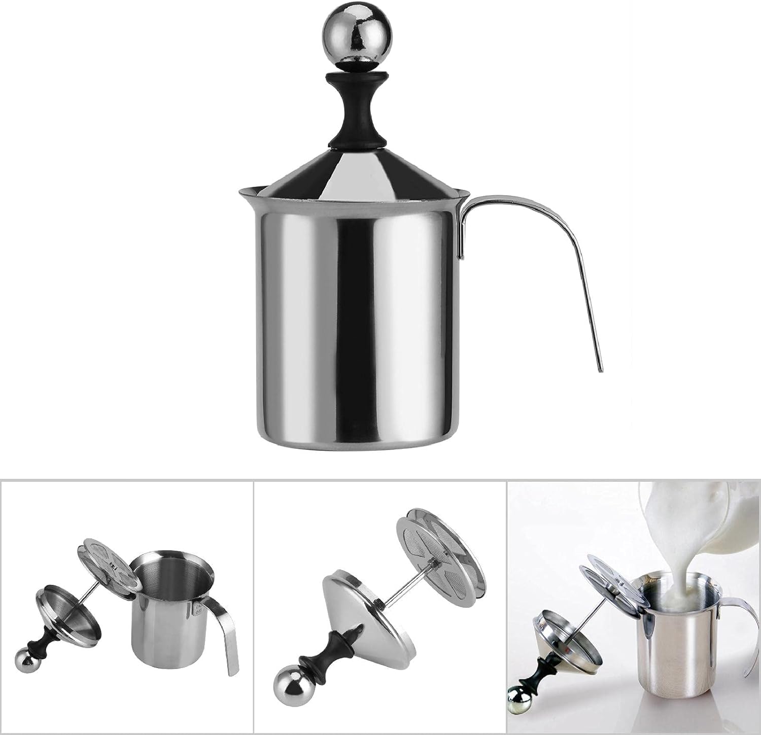 Schaumbereiter, Edelstahl-manueller Milchaufschäumer, manuell betriebener Milchschaum-Maker, mit doppeltem Schaumbildschirm, für Cappuccino Kaffee Latte heiße Schokolade (400ML)