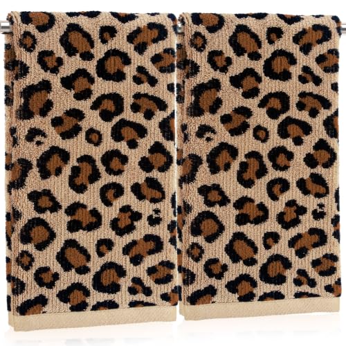 Whaline 2 Pcs Leopard Print Hand Towels Jacquard Cotton Bathroom Towel Brown Safari Animal Decorative Absorbent Bath Towel for Kitchen Dish Drying Cleaning Cooking 13.8 x 29.5 Inch