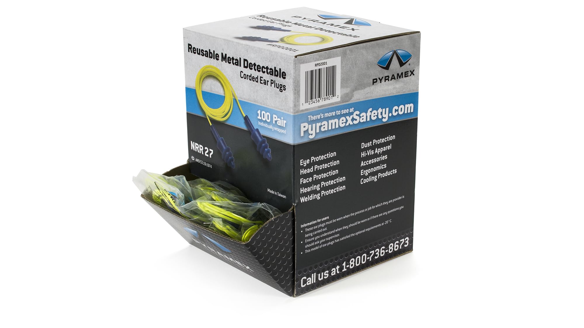 Pyramex Safety Pyramex Metal Detectable Reusable Corded Earplugs 100 Corded Pair per Box by