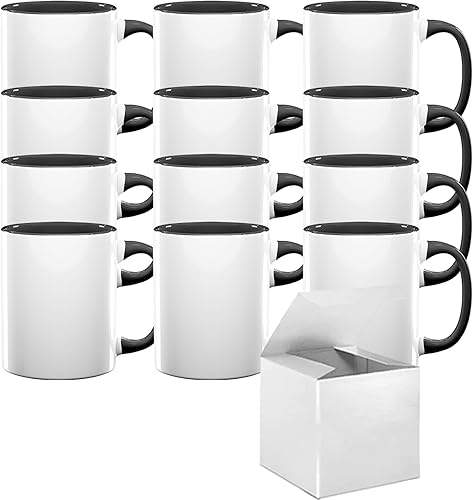 TWISTED ENVY Juego de 12 tazas de sublimación de cerámica de 15 onzas Interiormango Negro Taza de sublimación de grado profesional Serie de