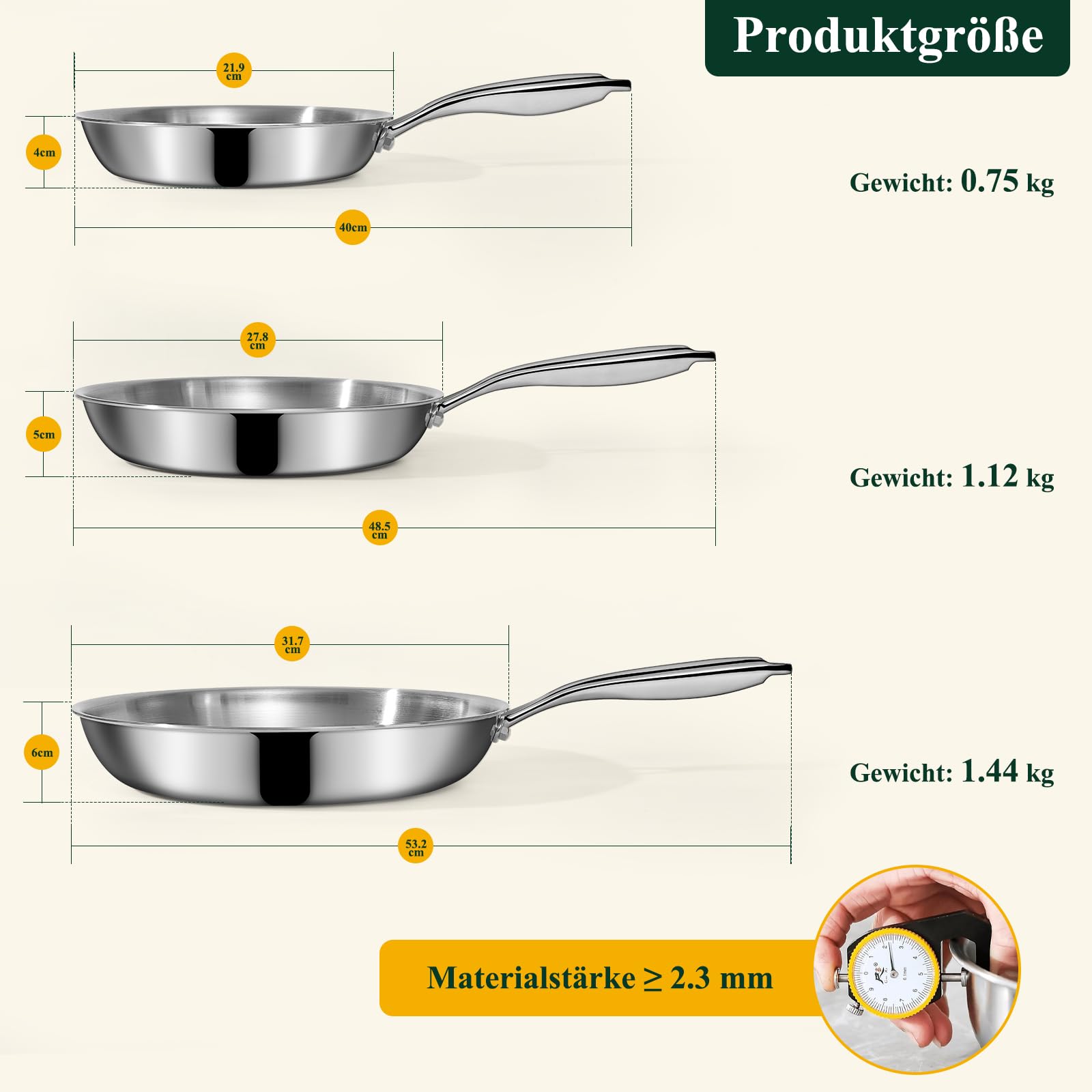 Terlulu Set di 3 padelle in acciaio inox 20/26/30 cm – Padella in acciaio inox non rivestita e padella a induzione, senza PTFE/PFAS/PFOA, per tutti i piani cottura, riscaldamento rapido, lavabile in