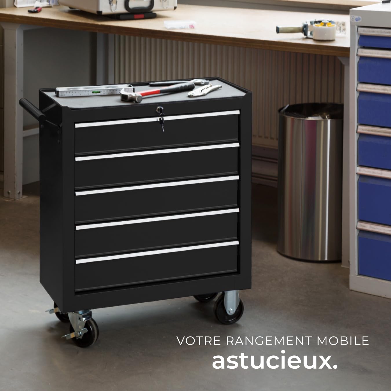 tectake® Chariot d'atelier Metallique Servante d'atelier Vide Trolley Professionnel 5 Tiroirs spacieux Verrouillables Chariot a Roulette pour Rangement Atelier Garage - Noir