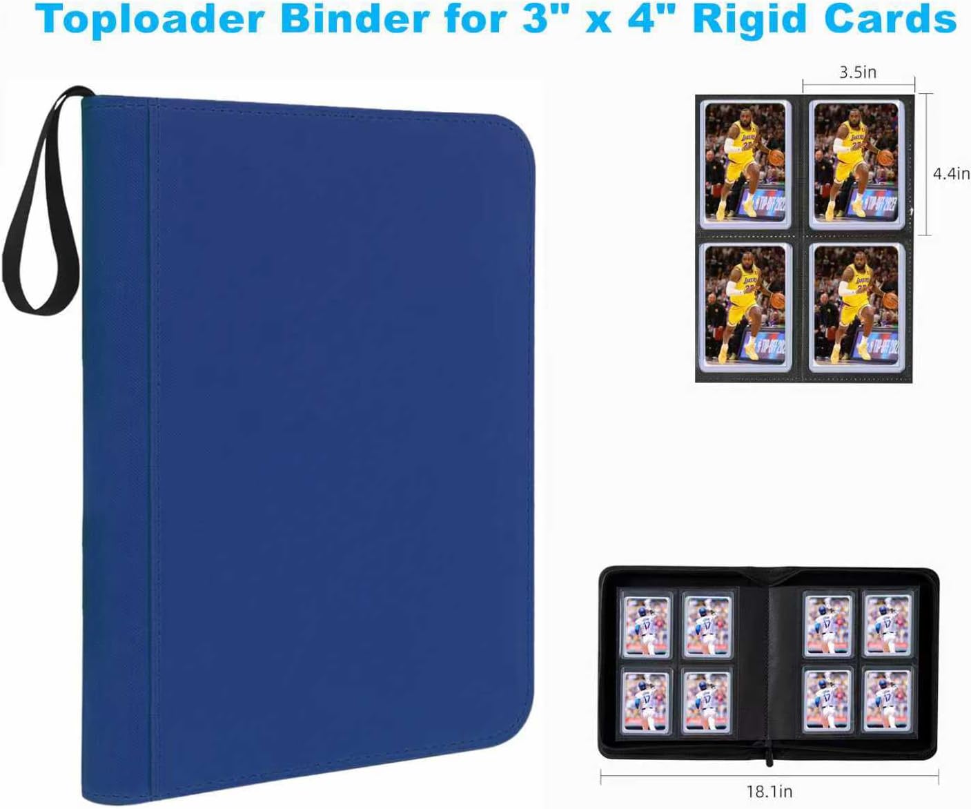 128 Pockets Toploader Binder Holds Top Loaders, 4-Pocket Top Loaders Binder Album, Toploader Card Binder for 3" x 4" Rigid Card Holders, Ringless Toploader Storage Folder (Blue)