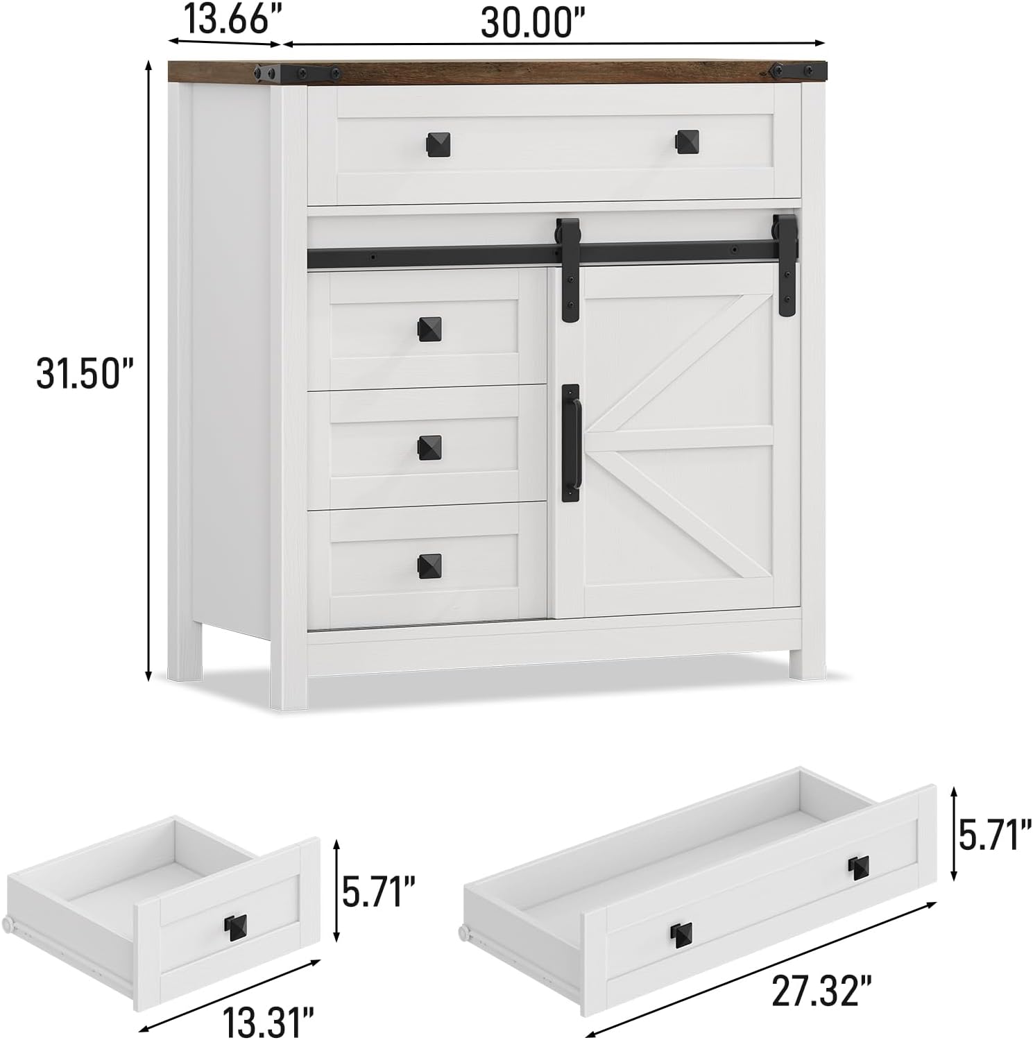 Vabches Farmhouse Storage Cabinet with Sliding Barn Door and 4 Drawers, Bathroom Floor Cabinet, Coffee Bar Cabinets, White Buffet Cabinets with Adjustable Shelf for Dining Room, Kitchen, Living Room