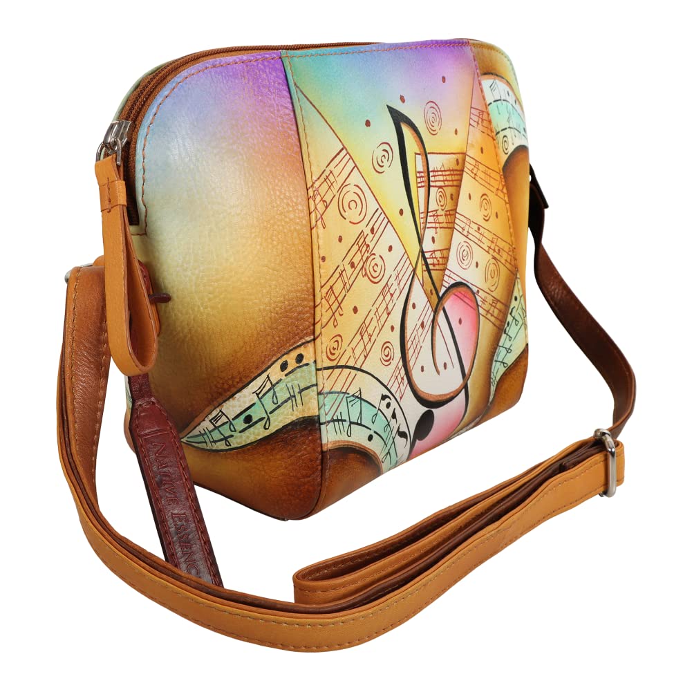 NATIVE ESSENCEGenuine Leather Golden Brown Musical Hand Painted Leather Sling Bag Purse Handbag for Women, Brown